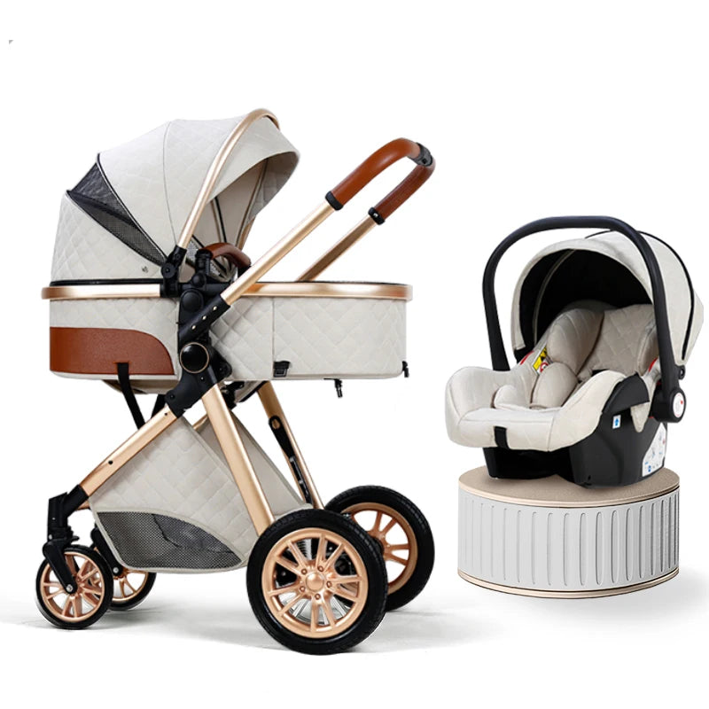 Luxury 3-in-1 Baby Stroller with Infant Carrier – Reversible, Lie-Flat, High Landscape Pushchair