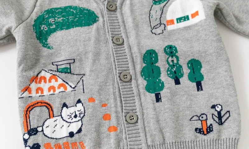 Unisex Kids Cotton Knit Cardigan Sweater (2–8 Years) – Button-Front V-Neck, Storybook Print