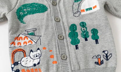Unisex Kids Cotton Knit Cardigan Sweater (2–8 Years) – Button-Front V-Neck, Storybook Print
