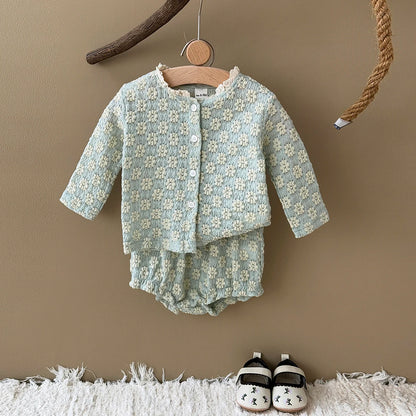 Textured Floral Button Top & Bloomer Set for Girls