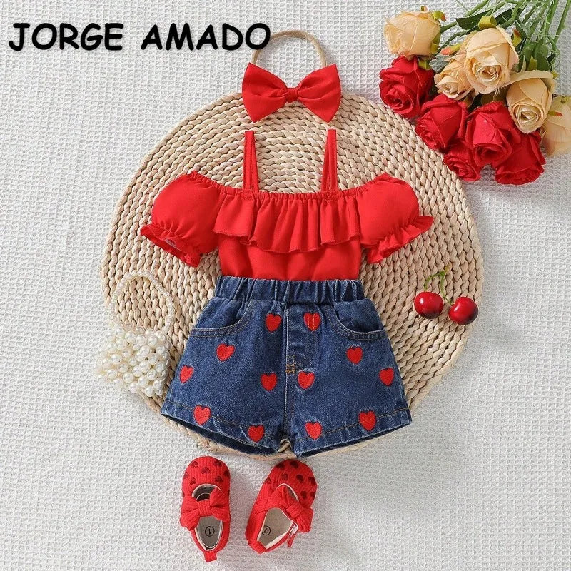 Heart & Ruffle Girls’ Summer Top and Denim Shorts Set