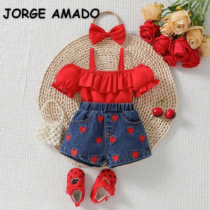 Heart & Ruffle Girls’ Summer Top and Denim Shorts Set
