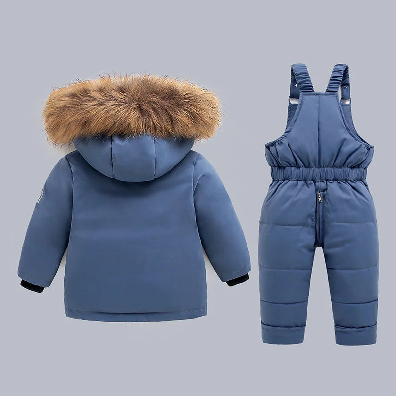 Faux Fur Hooded Down Jacket & Snow Bib Overalls Set for Kids