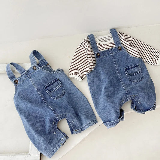 Striped Layering Tee & Denim Shortall Romper Set
