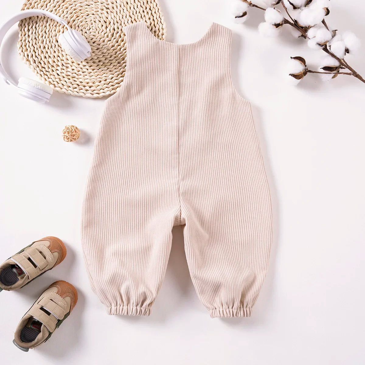 Bear-Patch Ribbed Overall Romper for Girls