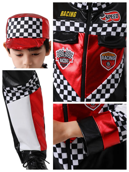 Costume Racing Driver Jumpsuit for Kids – Red & Checkered Race Car Dress-Up Set with Gloves
