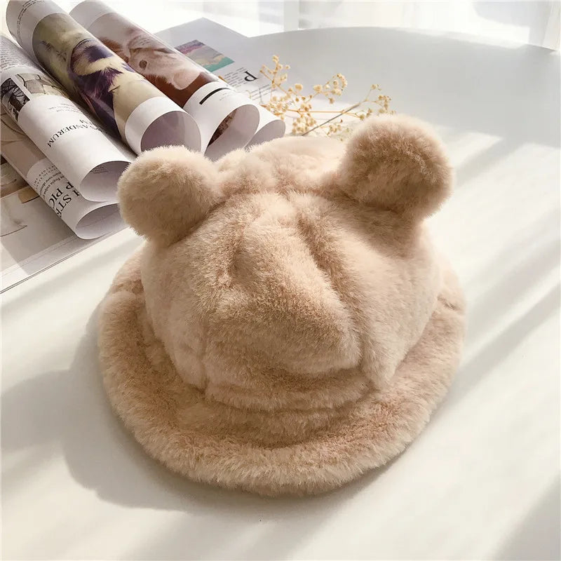Plush Bear-Ear Winter Bucket Hat for Girls