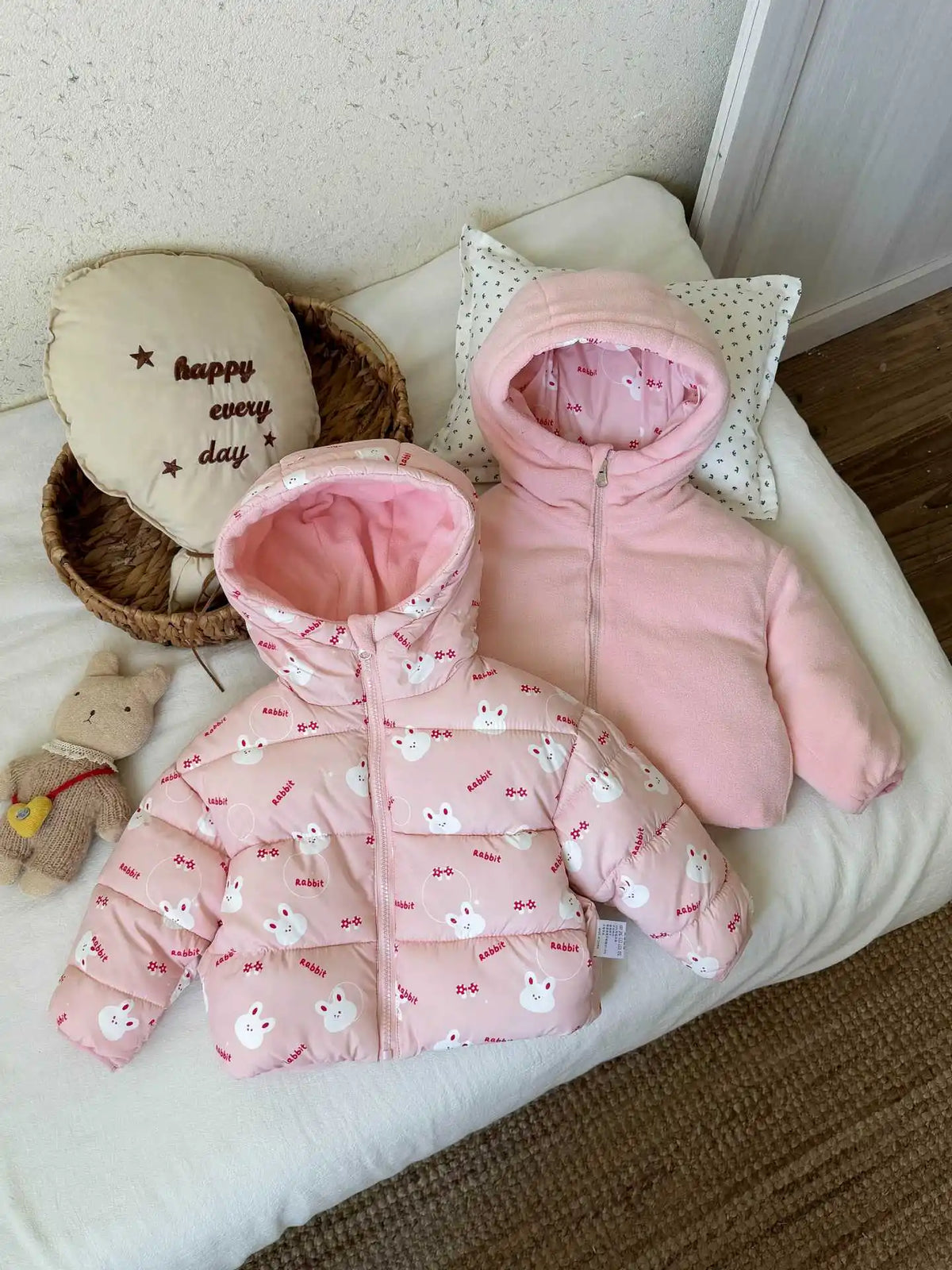 Reversible Bunny Print Hooded Puffer Jacket for Girls