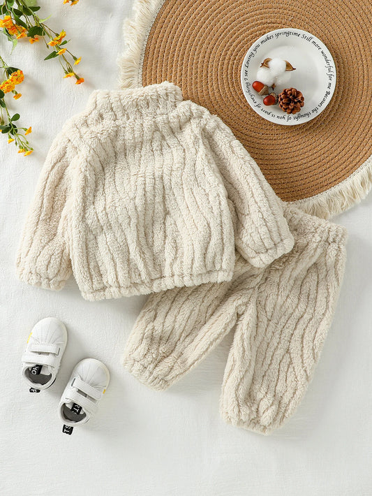 Plush Cable-Texture Jacket & Pants Set for Babies