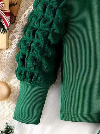 Festive Plaid Skirt & Textured Sleeve Christmas Outfit Set for Baby Girls