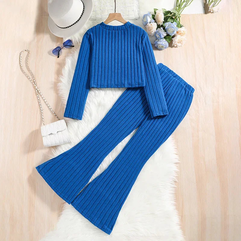 Ribbed Flare Girls’ Lounge Set with Cropped Long-Sleeve Top
