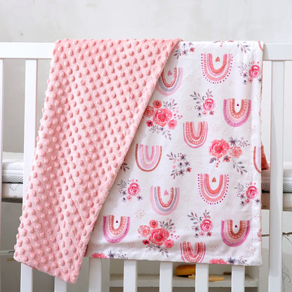 Floral Rainbow & Woodland Print Reversible Minky Baby Blanket