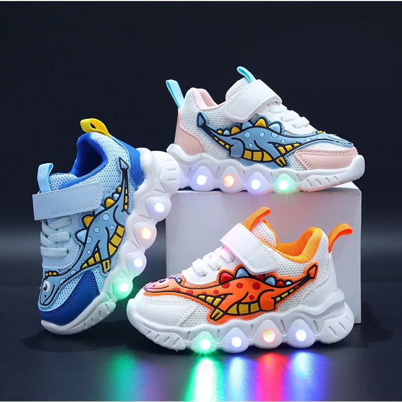 Kids Dinosaur LED Light-Up Sneakers with Hook-and-Loop Strap
