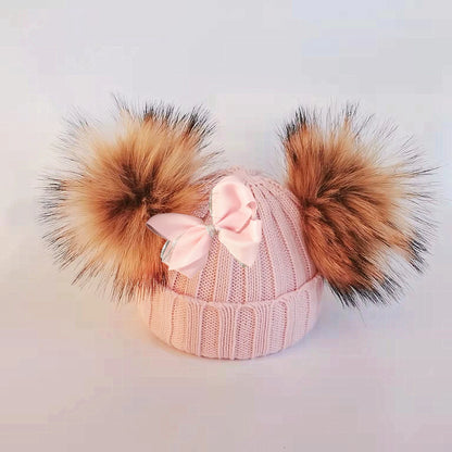 Double Pom Knit Beanie & Scarf Set with Bow