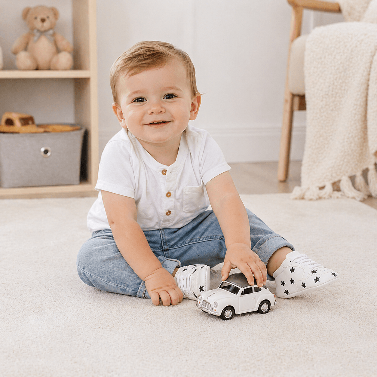 Star & Heart Embroidered White Leather Baby Sneakers | Soft-Sole Pre-Walker Crib Shoes