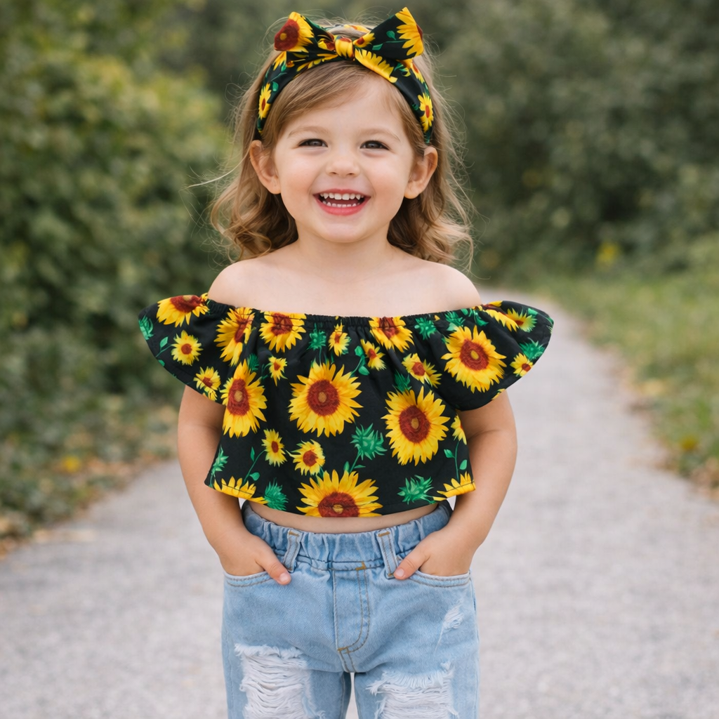Sunflower 3-Piece Outfit Set for Girls (Top + Ripped Jeans + Bow Headband)