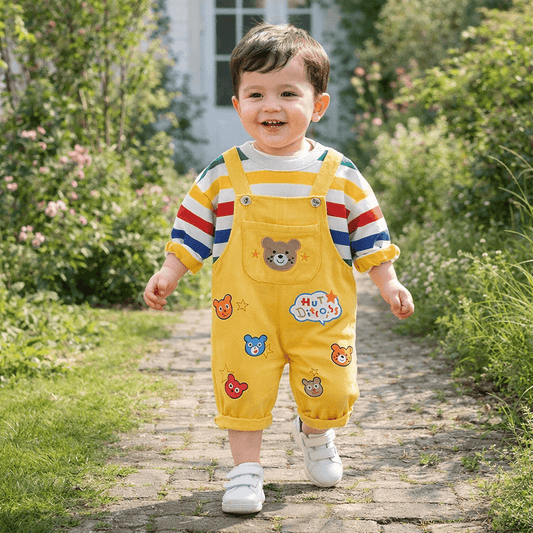 Toddler Boy 2-Piece Outfit Set – Rainbow Stripe Long-Sleeve Tee & Cartoon Bear Suspender Pants (6 Months–5 Years)