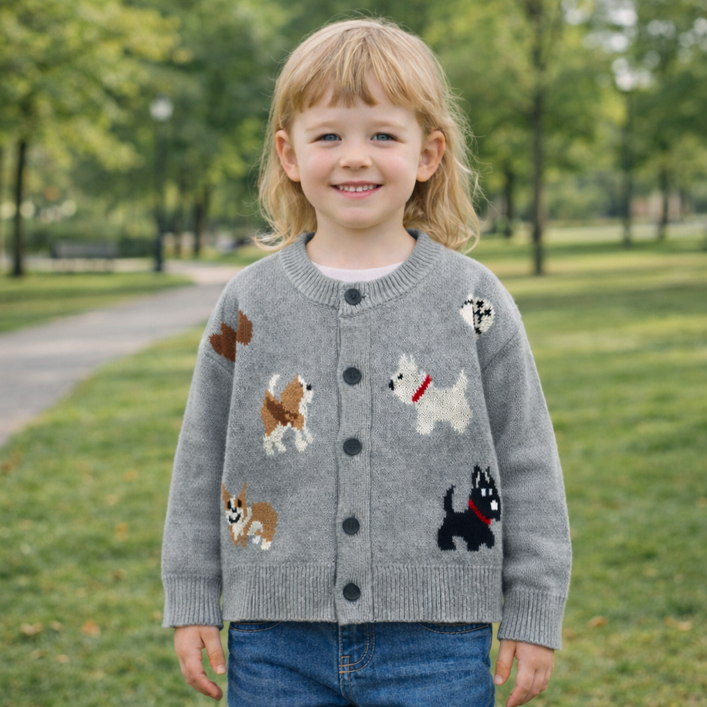 Unisex Kids Dog Knit Cardigan Sweater (18–24 Months to 8 Years) – Button-Front, Cozy Crew Neck