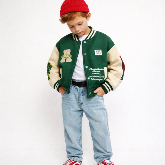 Toddler Unisex Varsity Embroidered Letter Jacket – Soft, Sporty & Play-Ready