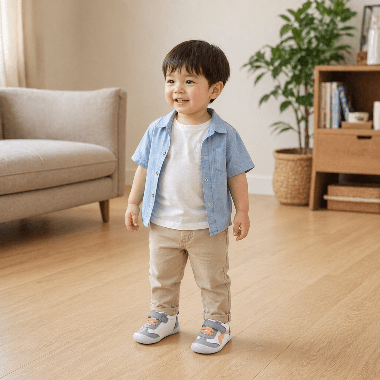 Wave-Panel Mesh & PU Toddler Sneakers | Breathable Color-Block Baby Shoes in Gray, Red & Orange