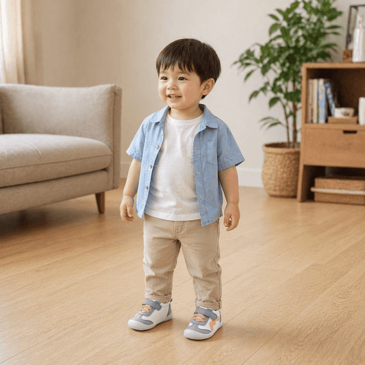 Wave-Panel Mesh & PU Toddler Sneakers | Breathable Color-Block Baby Shoes in Gray, Red & Orange