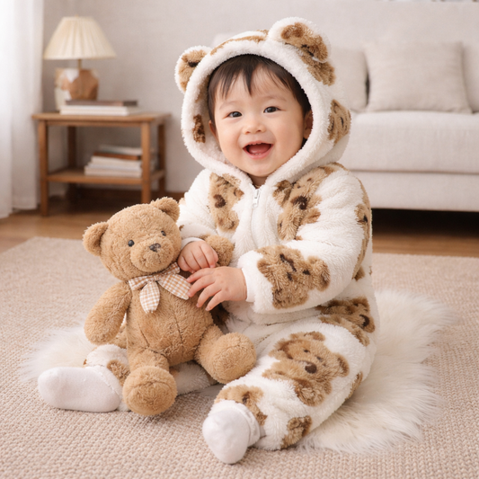 Winter Plush Baby Jumpsuit – Hooded Bear Romper with Slanted Zipper (3–24 Months)