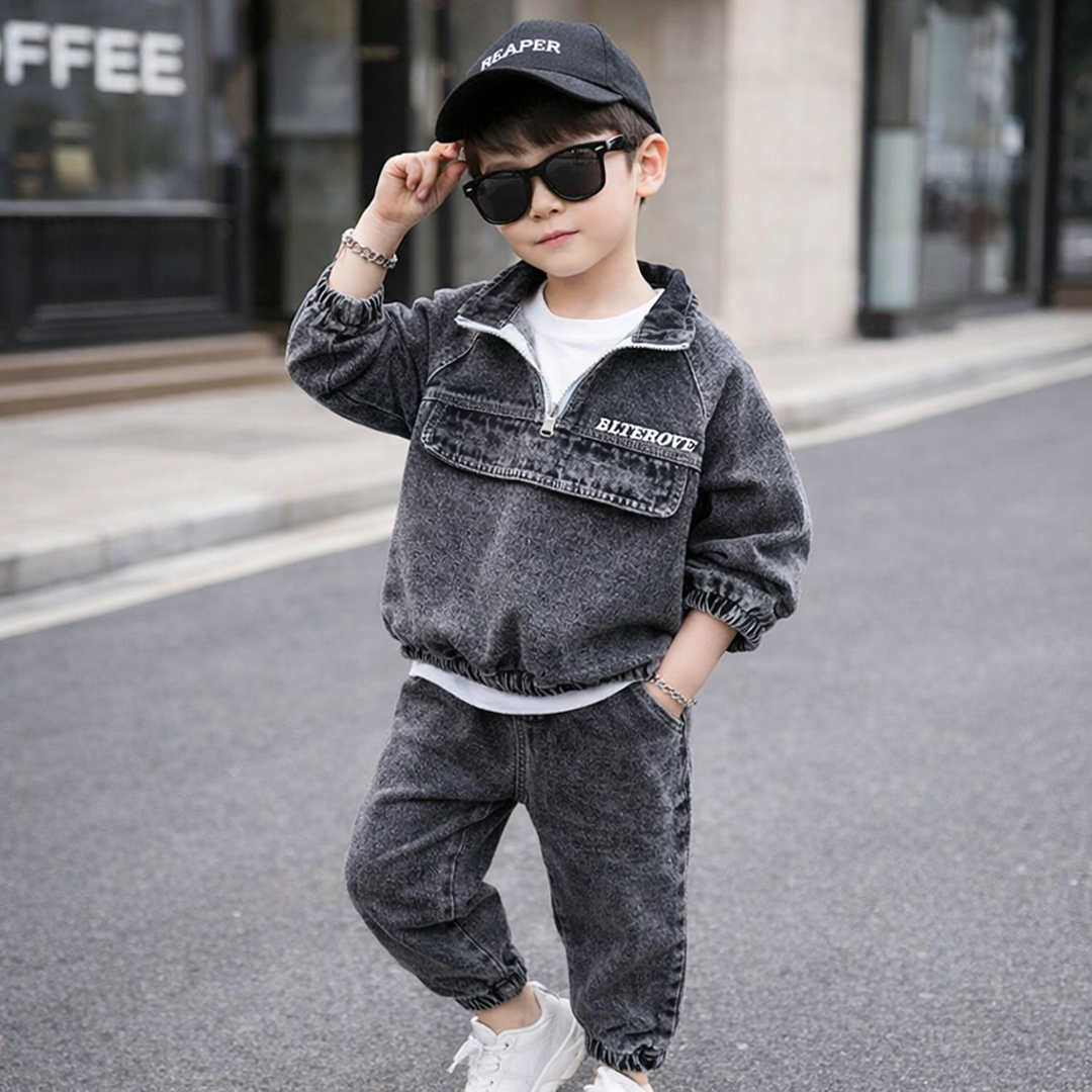 Boys Denim Two-Piece Outfit Set – Zip-Front Jacket & Jogger Pants