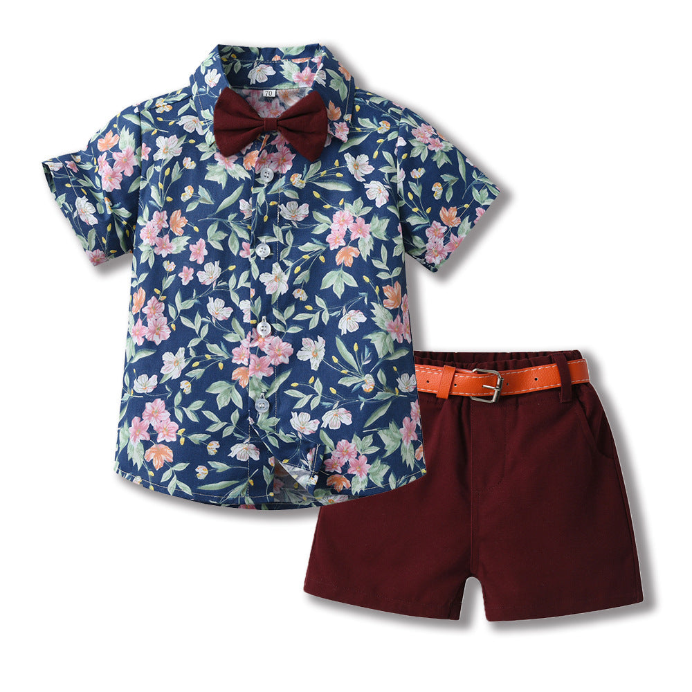 Toddler & Little Boys' Floral Button-Down Shirt & Shorts Set with Bow Tie and Belt – Sizes 3 Months–6 Years