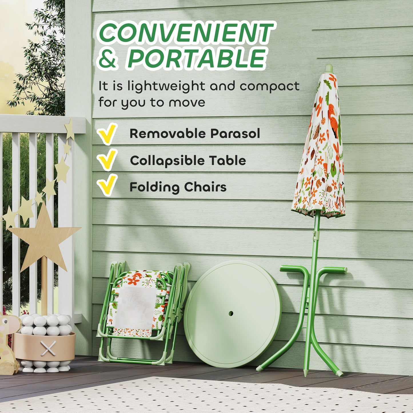Kids Picnic Table & Chair Set with Umbrella – Outdoor Activity Table, Foldable, Green