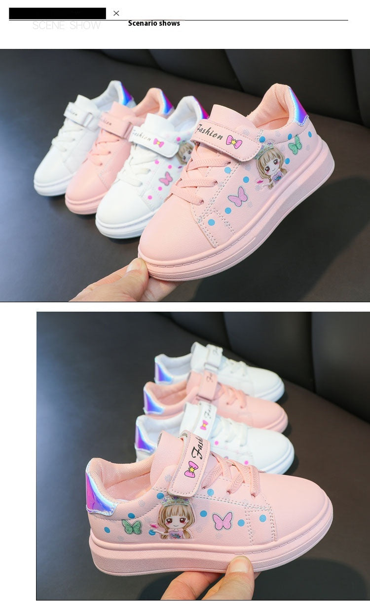 Girls White Cartoon Sneakers – Breathable Casual Shoes with Non-Slip Rubber Sole