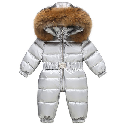 Girls’ Hooded Faux-Fur Snowsuit – Puffer-Style One-Piece Winter Jumpsuit with Belt
