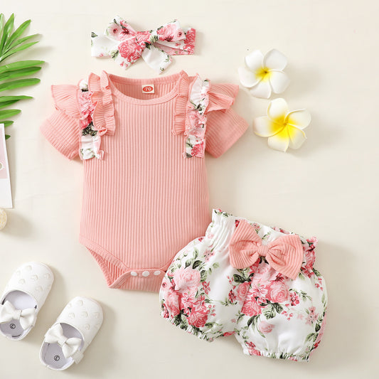 Baby Girl Flutter-Sleeve Romper & Printed Bloomer Shorts Set — Floral, Plaid & Heart Styles