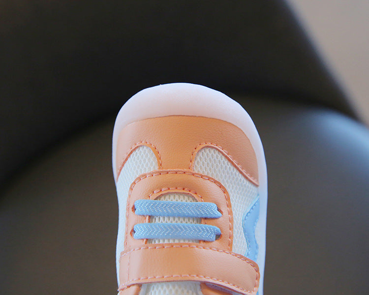 Wave-Panel Mesh & PU Toddler Sneakers | Breathable Color-Block Baby Shoes in Gray, Red & Orange