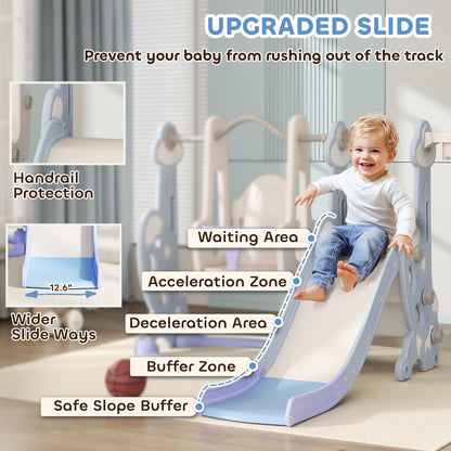 4-in-1 Toddler Slide & Swing Set with Climber and Basketball Hoop – Light Blue, Ages 1.5-4