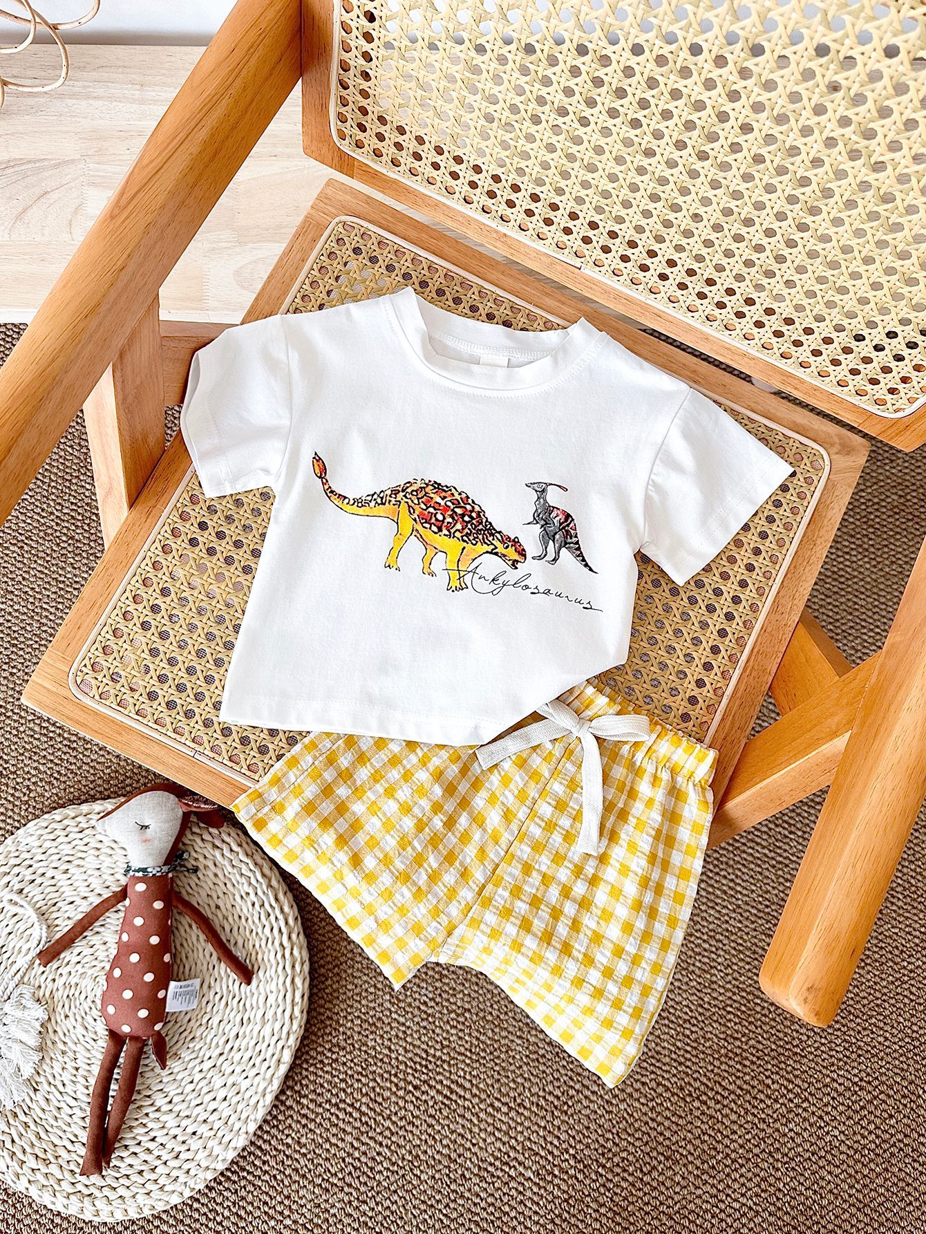 Toddler Boys' Dinosaur Graphic Tee & Gingham Shorts Set – Illustrated Dino Print, Sizes 6 Months–3 Years