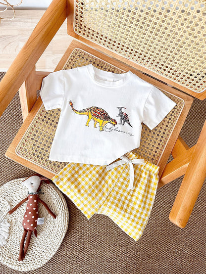 Toddler Boys' Dinosaur Graphic Tee & Gingham Shorts Set – Illustrated Dino Print, Sizes 6 Months–3 Years
