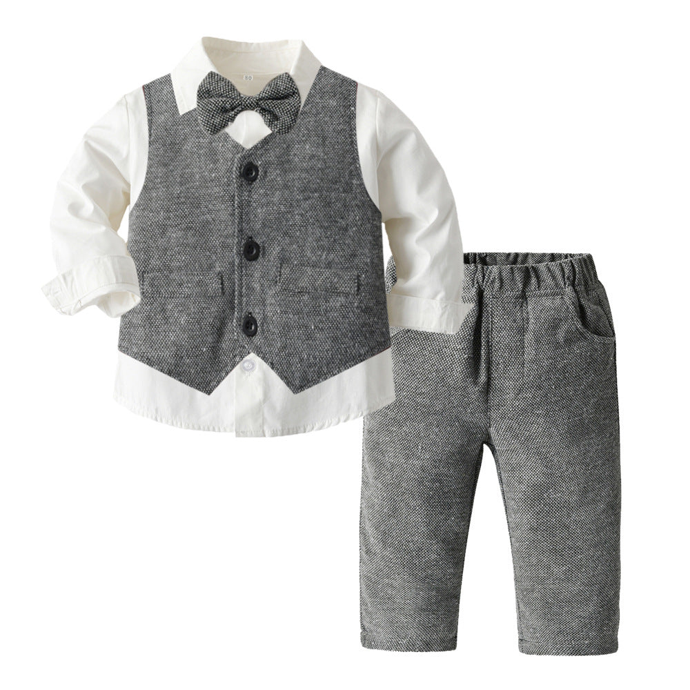 Boys' Long-Sleeve Shirt, Textured Waistcoat & Trouser Set | 3-Piece Bow Tie Suit in Stripe, Plaid & Solid