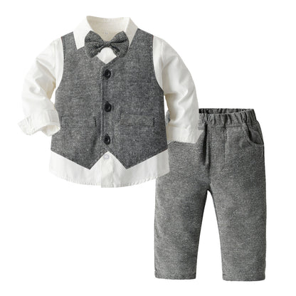 Boys' Long-Sleeve Shirt, Textured Waistcoat & Trouser Set | 3-Piece Bow Tie Suit in Stripe, Plaid & Solid
