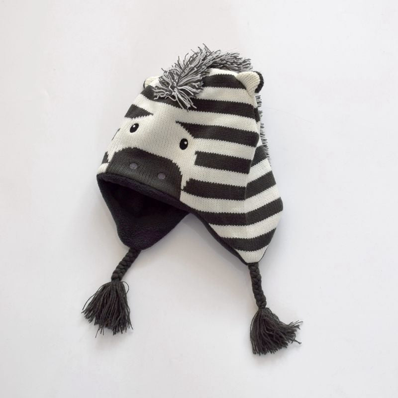 Zebra Knit Winter Hat for Babies & Toddlers (Fleece-Lined, Ear Flaps + Tassels)
