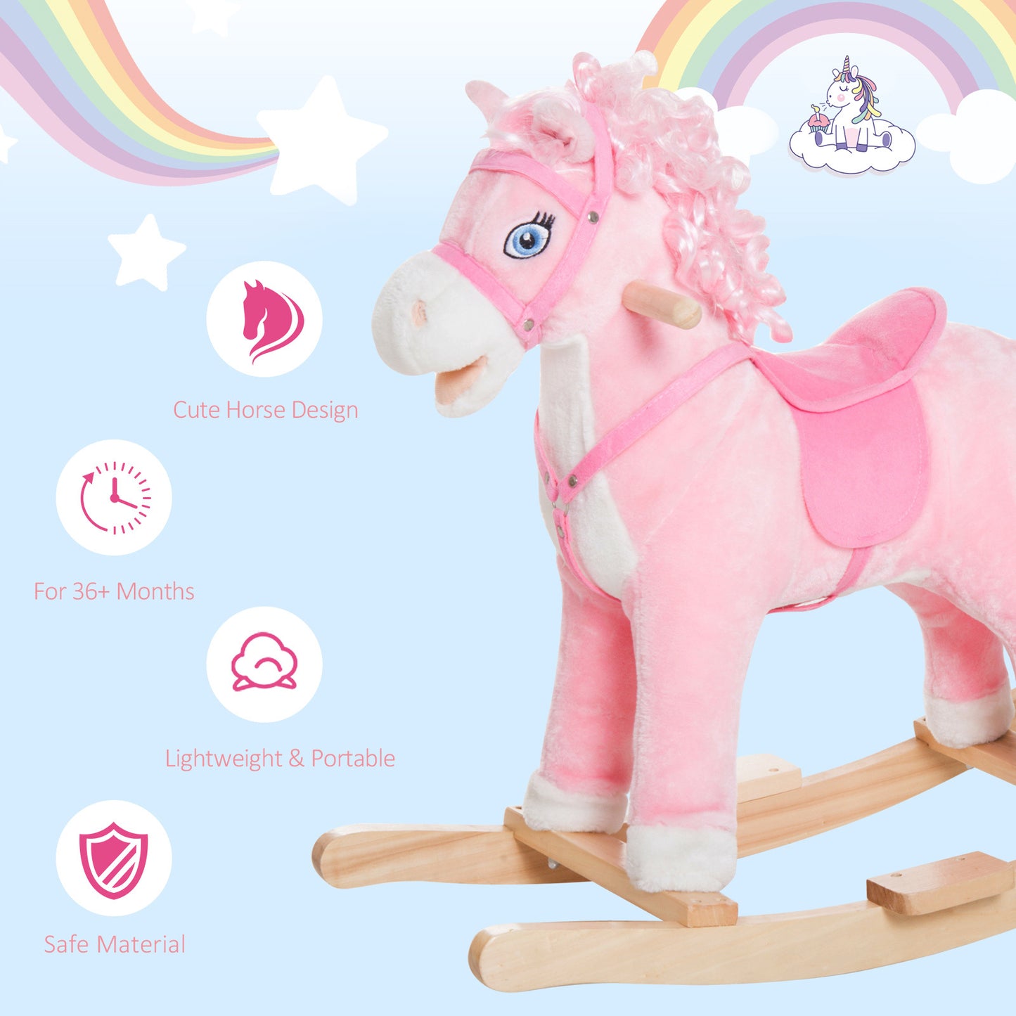Pink Plush Rocking Horse – Realistic Sounds & Swinging Tail for Kids 3+
