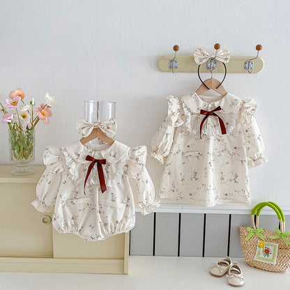 Vintage Floral Lace-Collar Romper or Dress Set with Headband – Baby & Toddler Girl