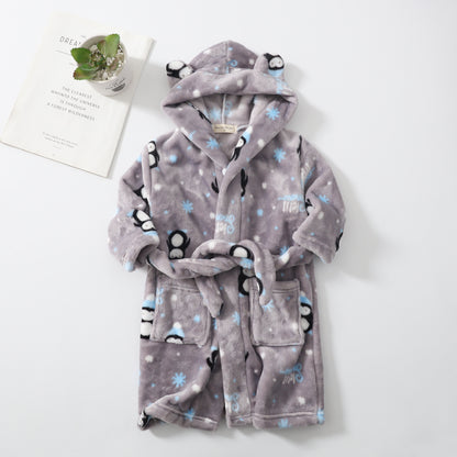 Kids' Hooded Fleece Bathrobe – Plush Flannel Robe with Pockets & Tie Belt, Cartoon Prints for Boys & Girls (2T–12 Years)