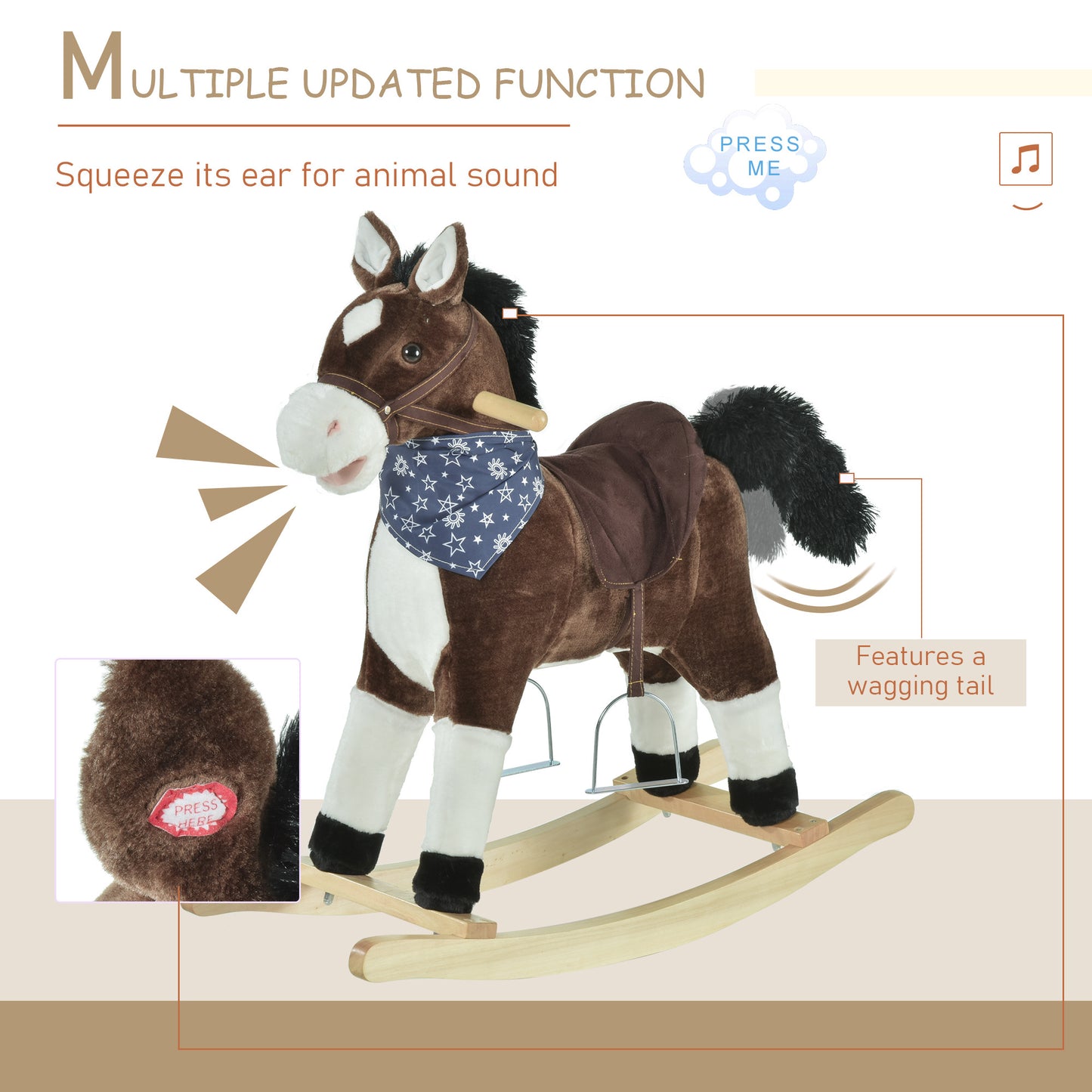 Plush Cowboy Rocking Horse – Wooden Ride-On with Realistic Sounds for Kids 3-6 Years