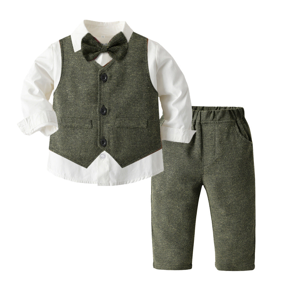 Boys' Long-Sleeve Shirt, Textured Waistcoat & Trouser Set | 3-Piece Bow Tie Suit in Stripe, Plaid & Solid
