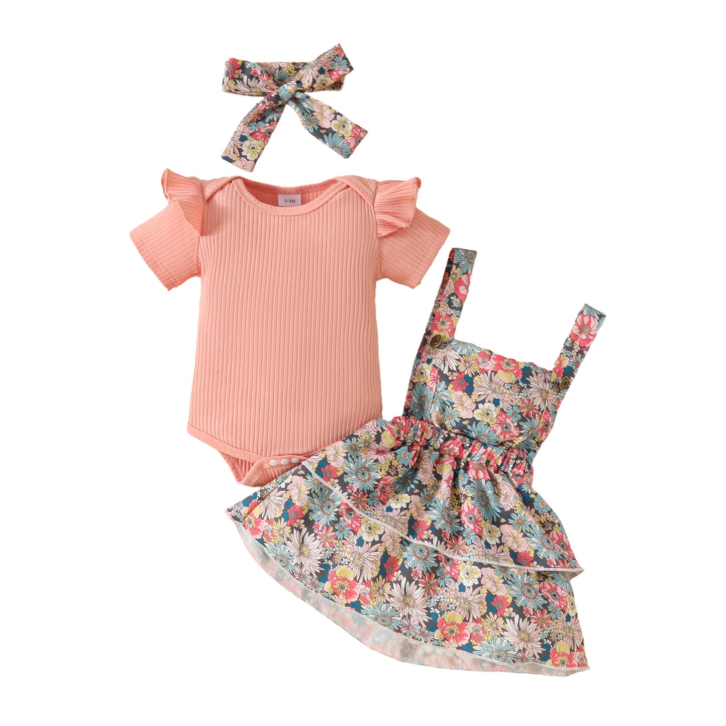 Baby Girl Ribbed Flutter-Sleeve Romper & Floral Suspender Skirt Set with Headband