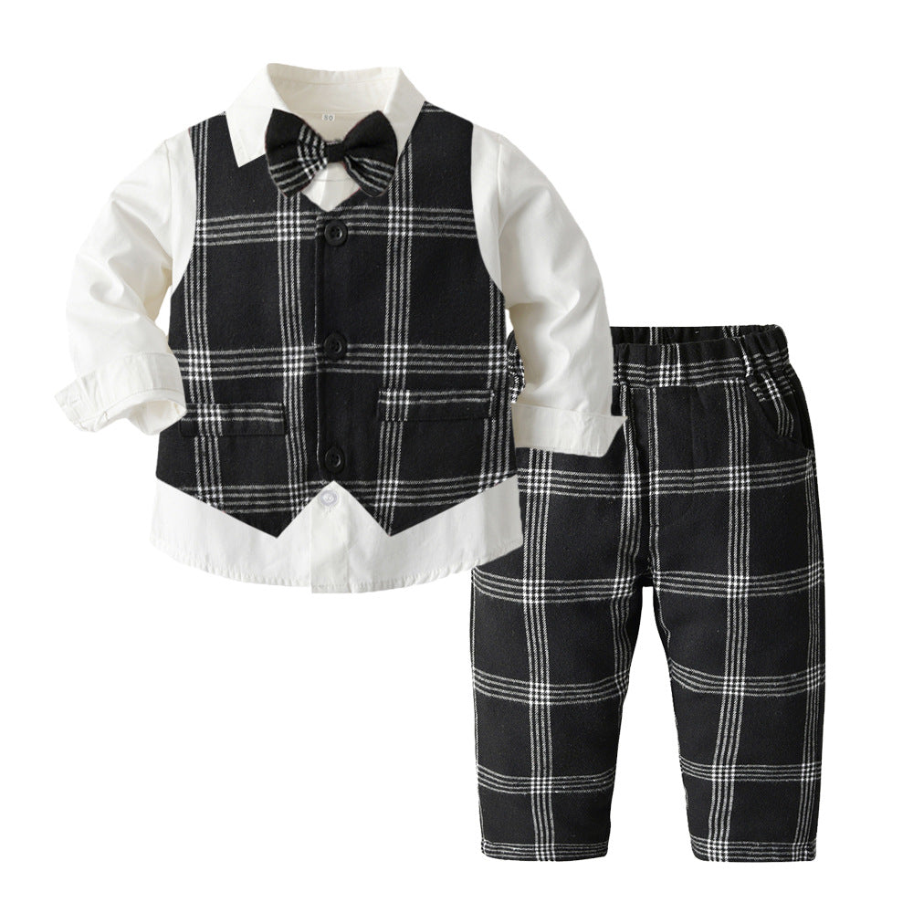 Boys' Long-Sleeve Shirt, Textured Waistcoat & Trouser Set | 3-Piece Bow Tie Suit in Stripe, Plaid & Solid