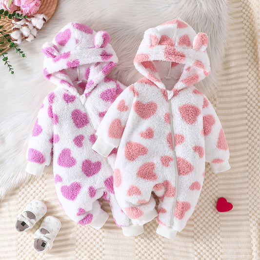 Heart Print Hooded Plush Baby Romper (Zip-Up)