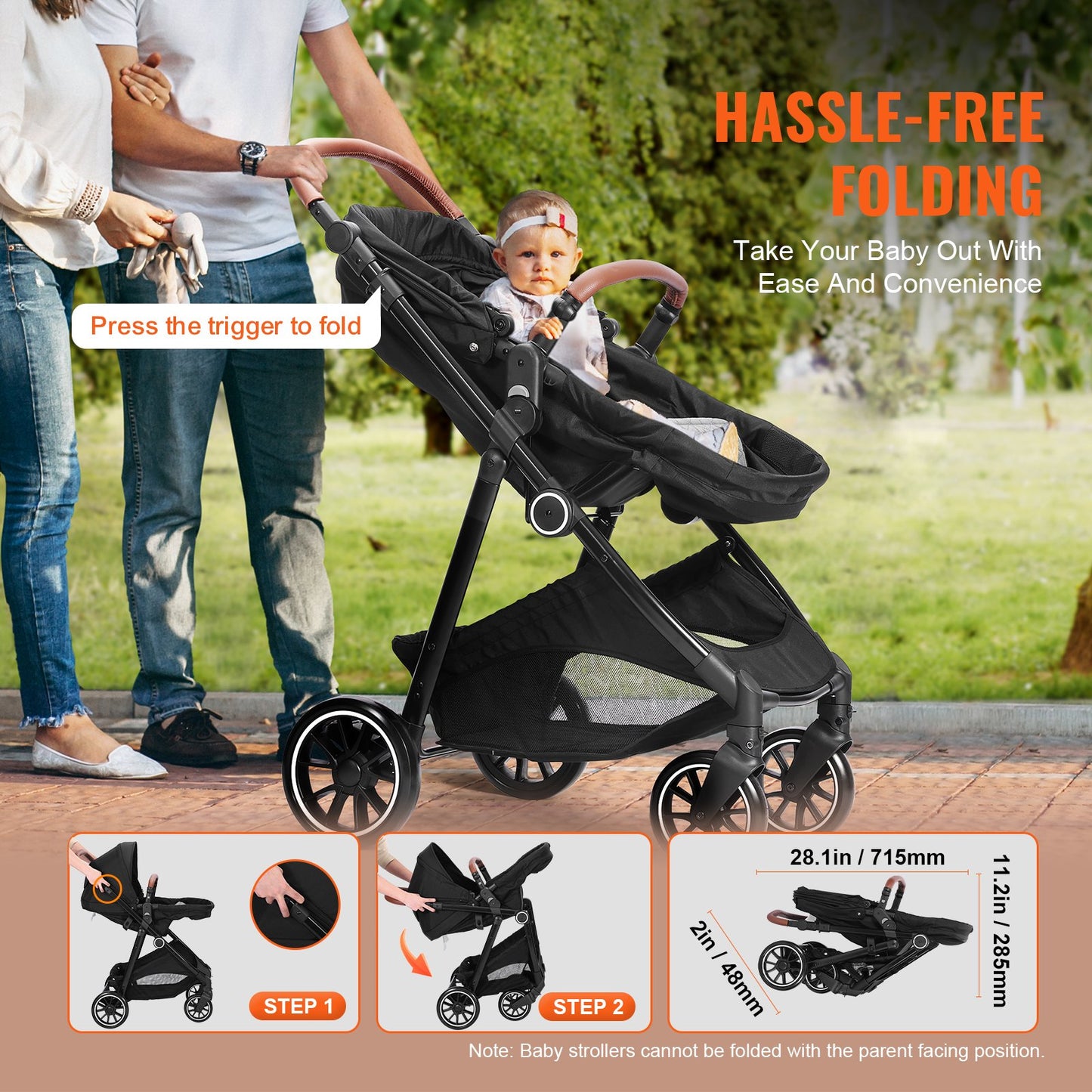 Reversible Baby Stroller with Bassinet & Reclining Seat – Foldable Travel Stroller for Newborns to Toddlers
