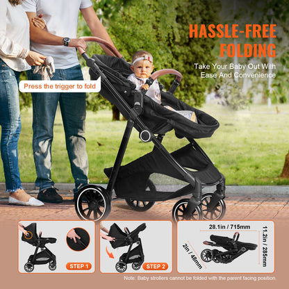 Reversible Baby Stroller with Bassinet & Reclining Seat – Foldable Travel Stroller for Newborns to Toddlers