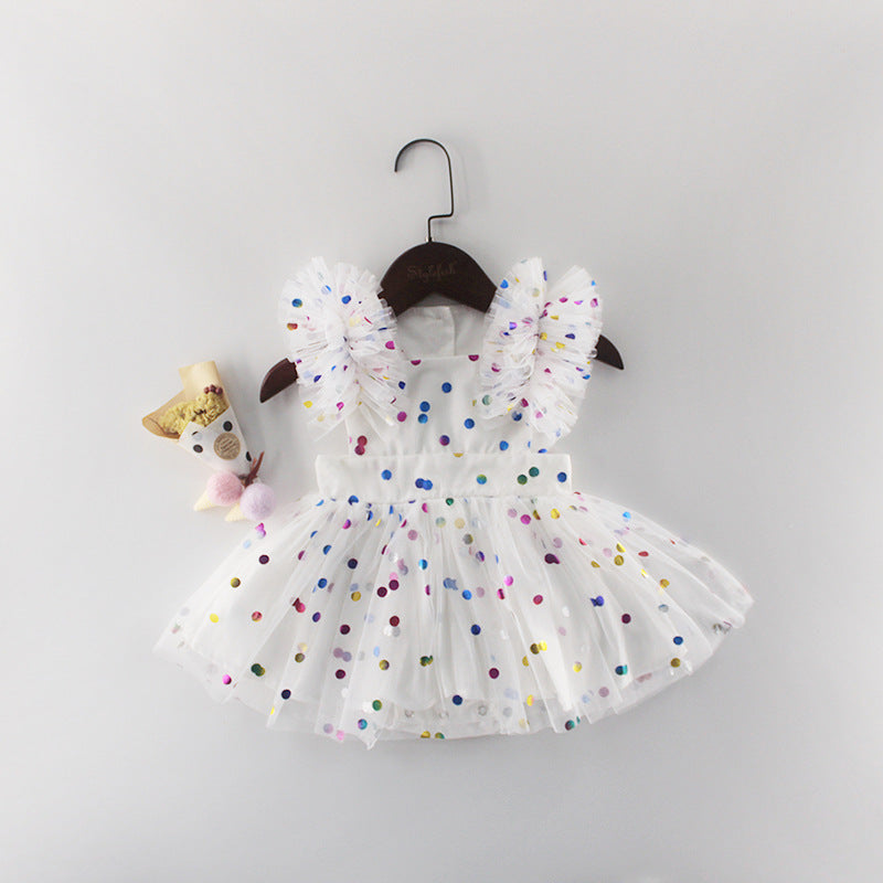 Baby Girl Confetti Dot Tulle Romper Dress – Flutter Sleeves & Rainbow Sequin Print, Sizes 0–3 Years